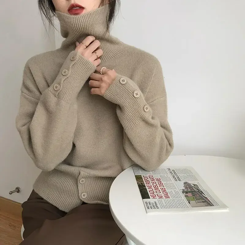 Turtleneck for Women autumn Winter Retro Buttons Knit Sweater Female Loose Soft Solid Color Korean High-necked Sweater Women