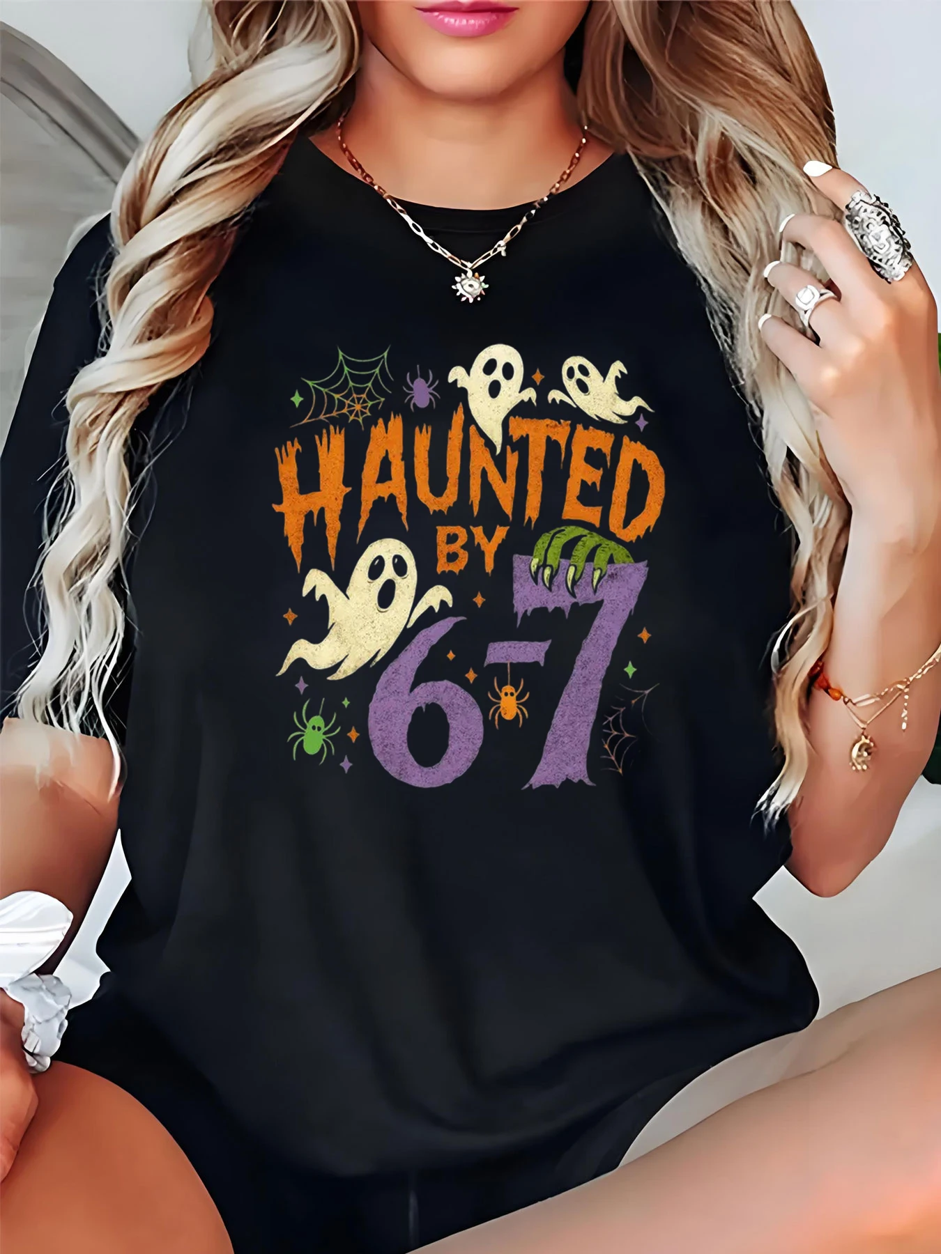 

Halloween T-Shirt Haunted by the 67 Ghost Print Women's Casual Loose Fit Top Autumn Seasonal Costume Party Wear