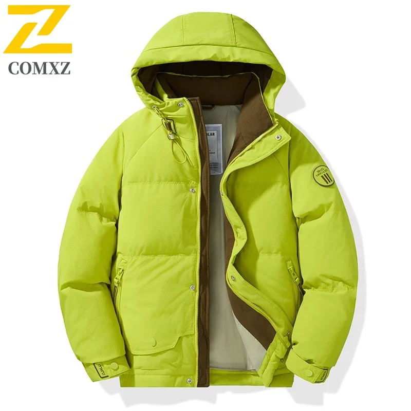 سترة COMXZ للرجال عالية الجودة بغطاء للرأس للمغامرة الخارجية مقاومة للرياح سترة دافئة بلون سادة للمشي لمسافات طويلة معطف شتوي خفيف الوزن