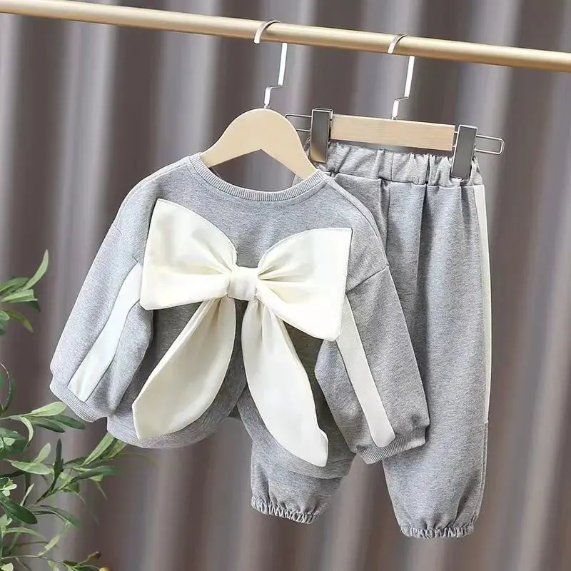 

Fashion Korean 2 Colors Cute Big Bow Children Clothing Sets Style Sweatshirt+Pants Tracksuit Suits For Baby Girl Clothes 1-6 Yr