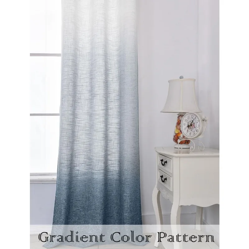 Ombre Rayon Blend Heavy Linen Texture Window Curtain Panel 6 Grommets Top Gradient Cream White To Indigo Blue