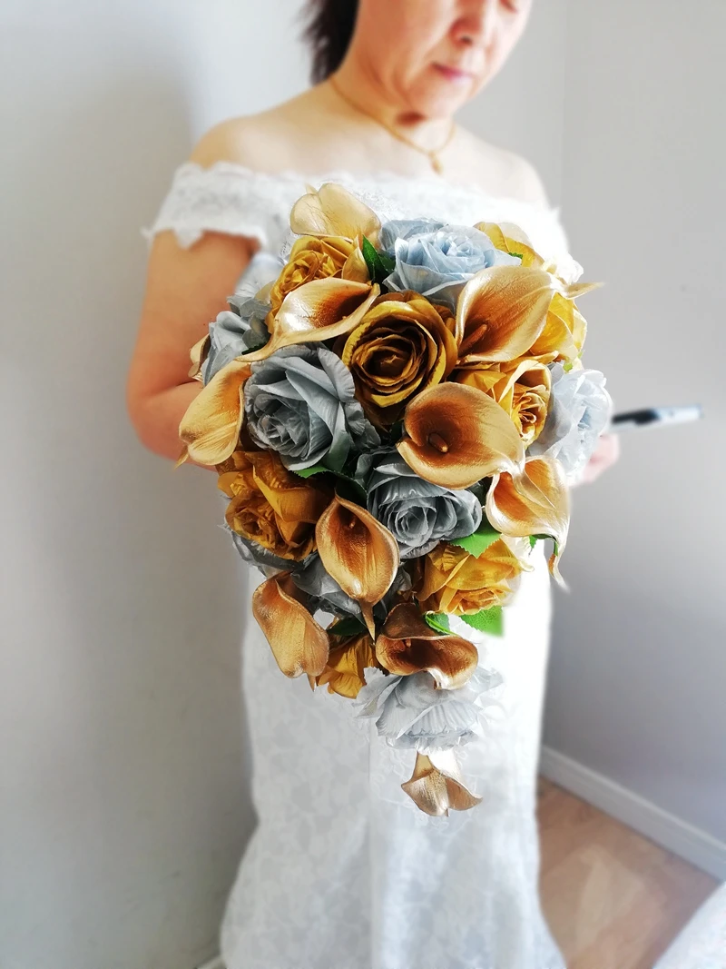 Whitney WB23017 Cascading Wedding Bouquet Real Photo Farbic Gold Rose Silver Grey Waterfall Bride Flowers Accessoires De Mariage