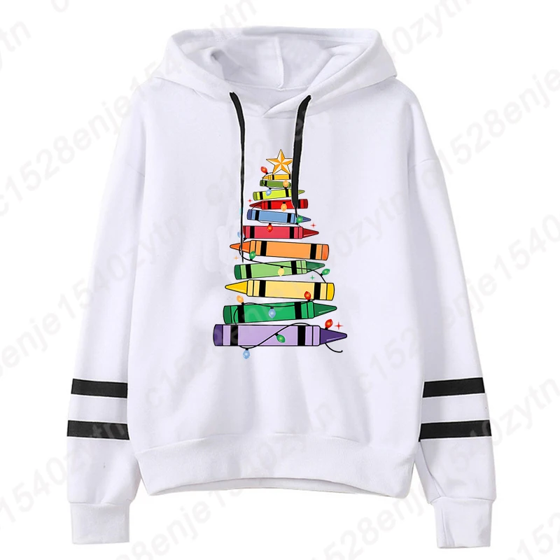 

Christmas Light Teacher Crayon Tree Print Hoodie For Women Fall & Winter Hooded Sweatshirt Ladies Long Sleeve Pullover Soft Tops