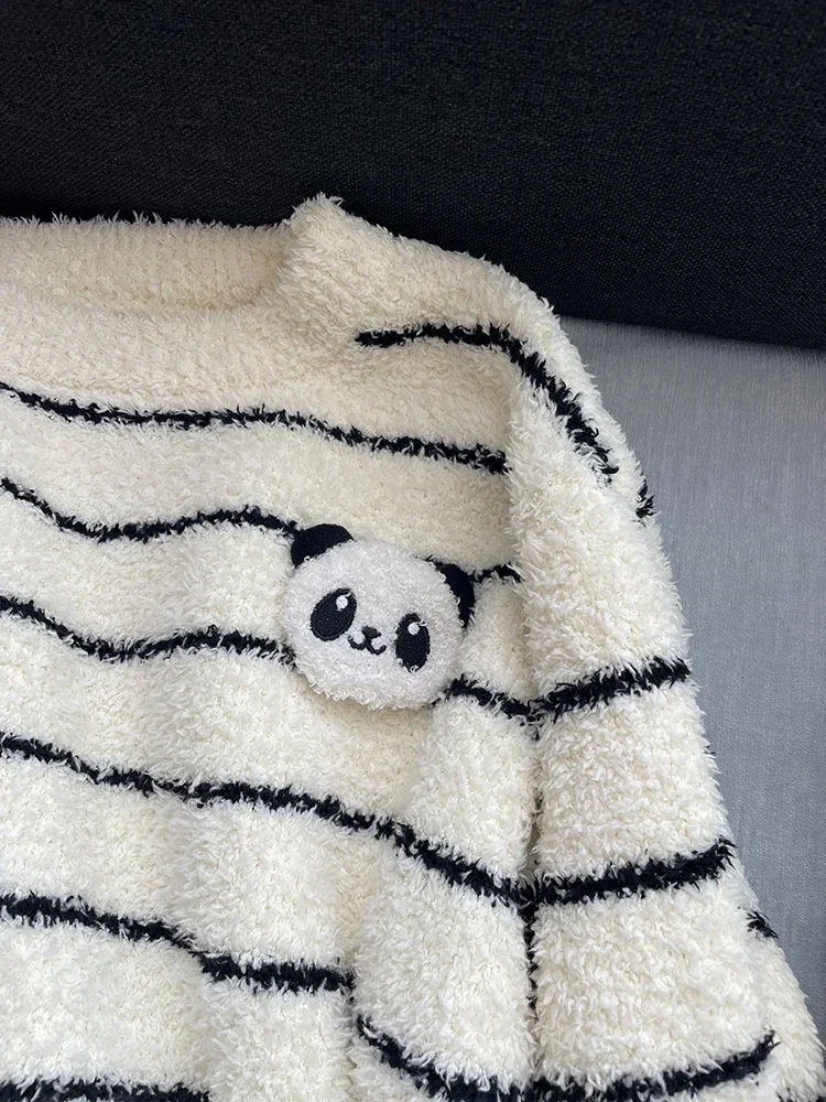 Cartoon Panda Striped Sleepwear for Women Round Neck Long Sleeve Sweet Coral Fleece Pajama Two Piece Sets Cute Homewear