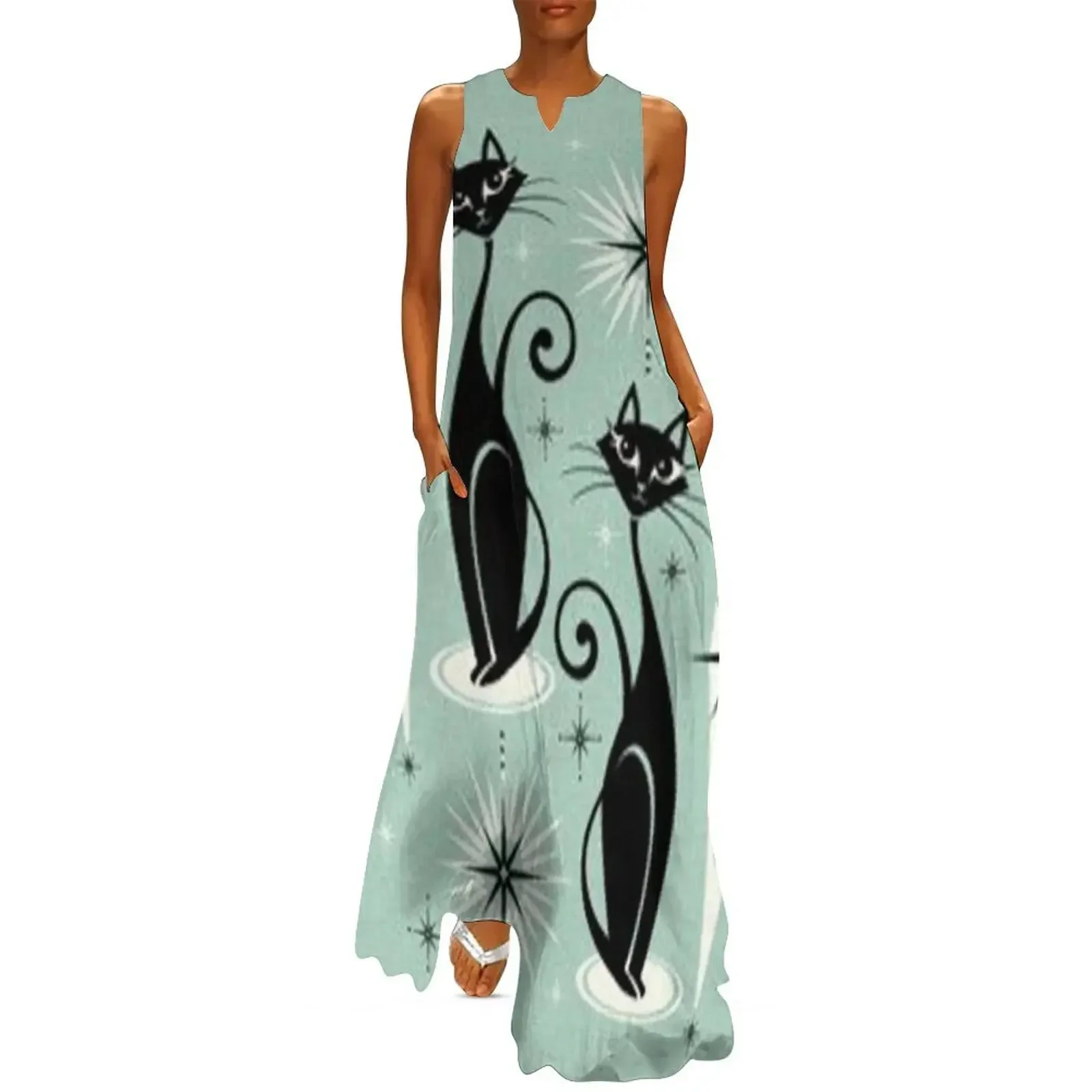 

Mid Century Meow Retro Atomic Cats Mint Long Dress Woman clothes cocktail dresses long dress women summer Dress