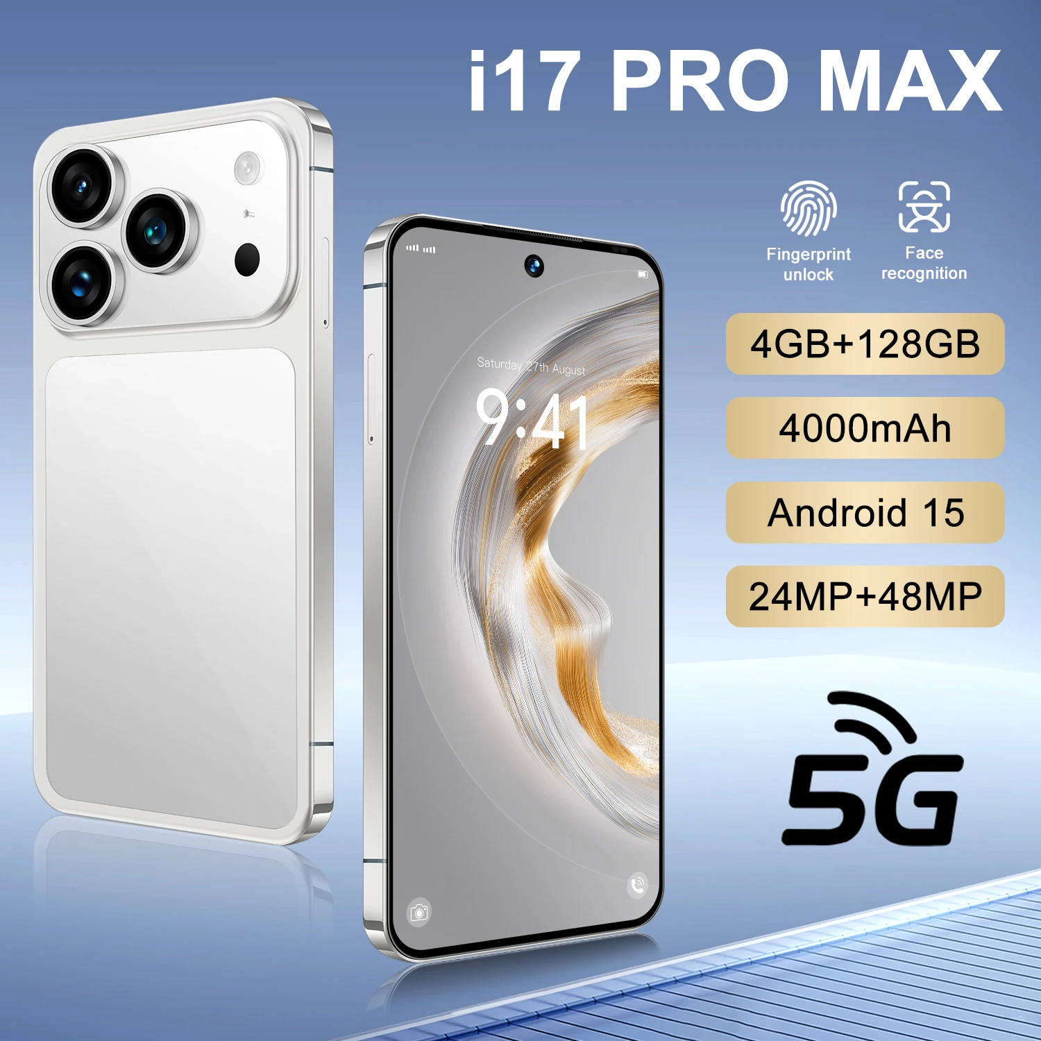 

2025 New For i17ProMax 4G 5G Dual SIM Card Dual Standby 5.0 inch Global Version Android 15 System 24MP+48MP 4000mAh Battery