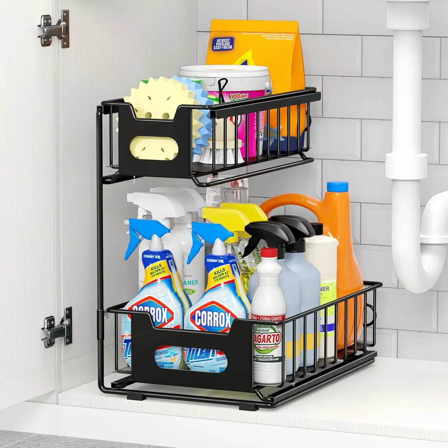 

Metal Under Sink organizers and Storage, L-Shape Pull Out Kitchen Cabinet Slide Out Sink Shelf, 2-tier Sliding Drawer Storage Ba