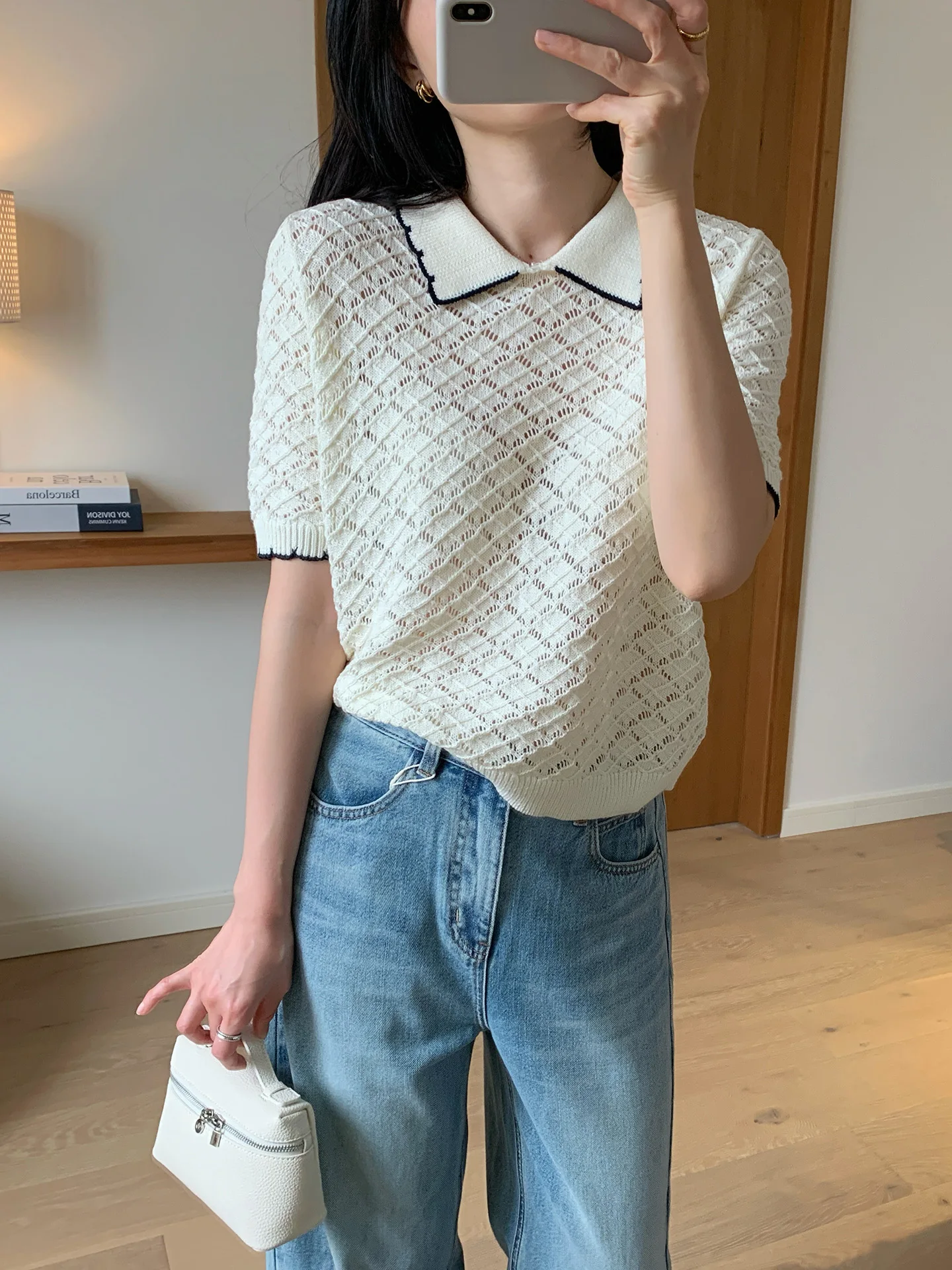 

Delicate Color Block Collar Hollow out Knitted Cotton Top for Women Commute Style Loose Fit Short Sleeve Knitwear