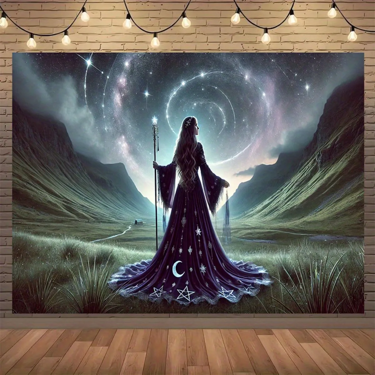 1pc Enchanting Starry Sky Witch & Serene Valley Tapestry - Mystical Nighttime Landscape with Crescent Moon, Durable Polyester Wa