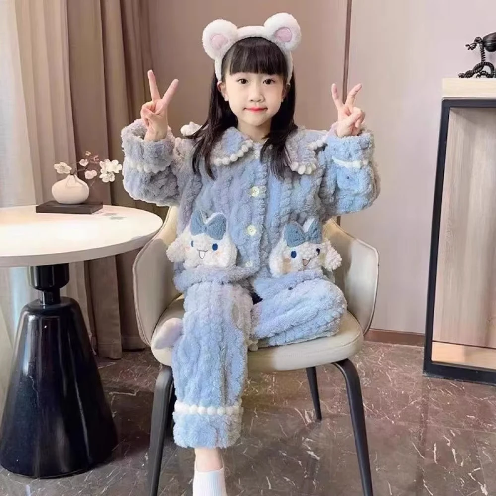 

2Pcs Kawaii Child Plush Pajama Kawaii Kuromi Cinnamoroll Sanrios Anime Flannel Girs Doll Collar Cardigan Pants Warm Homewear