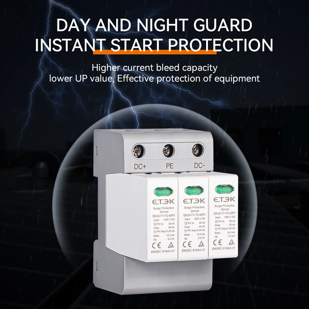 ETEK SPD Type T1+T2 House Lightning Surge Protective Device Protector Arrester Protection 2P 4P 1P+NPE 3P+NPE EKU5