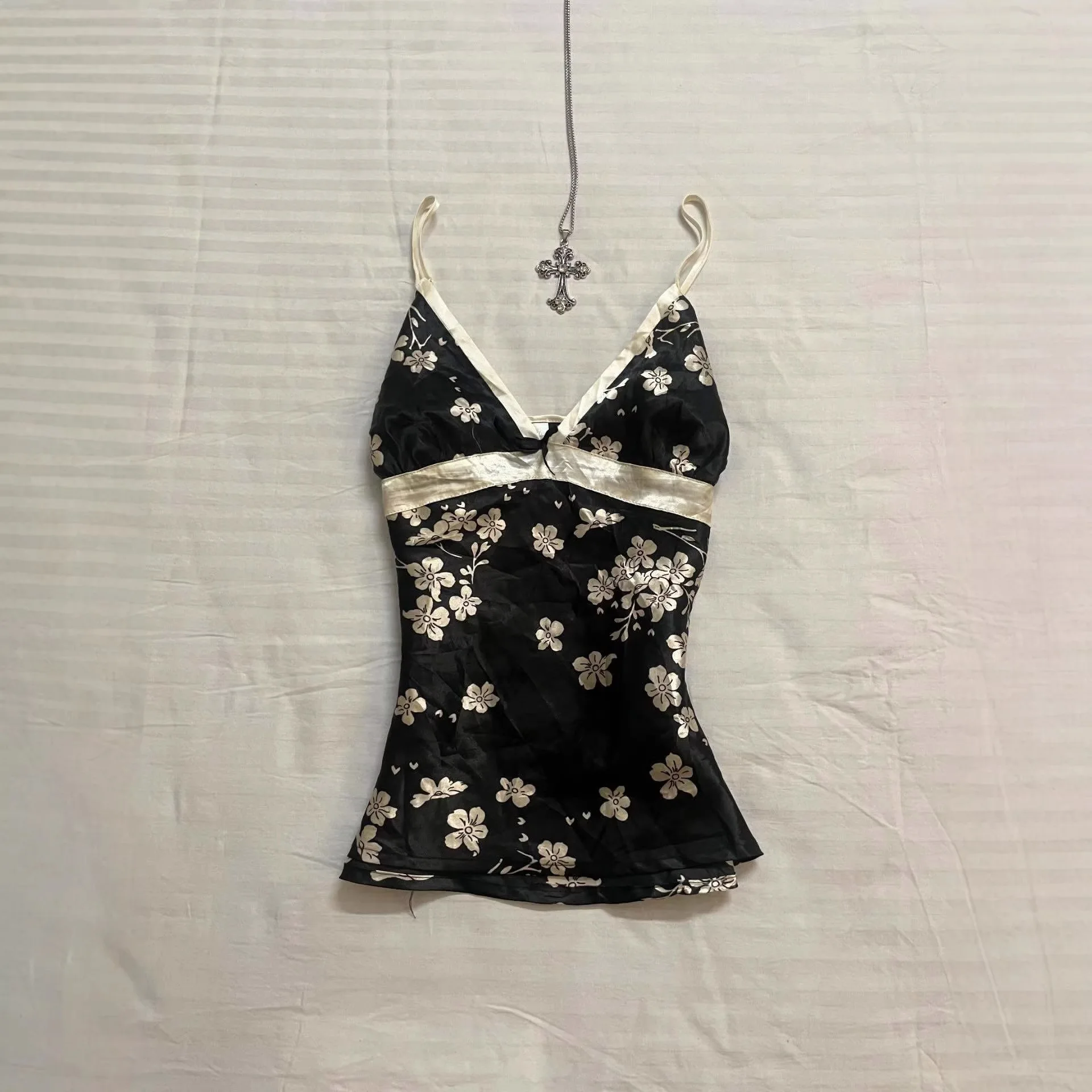 Women's thin shoulder strap V-neck floral print bow summer suspender top
