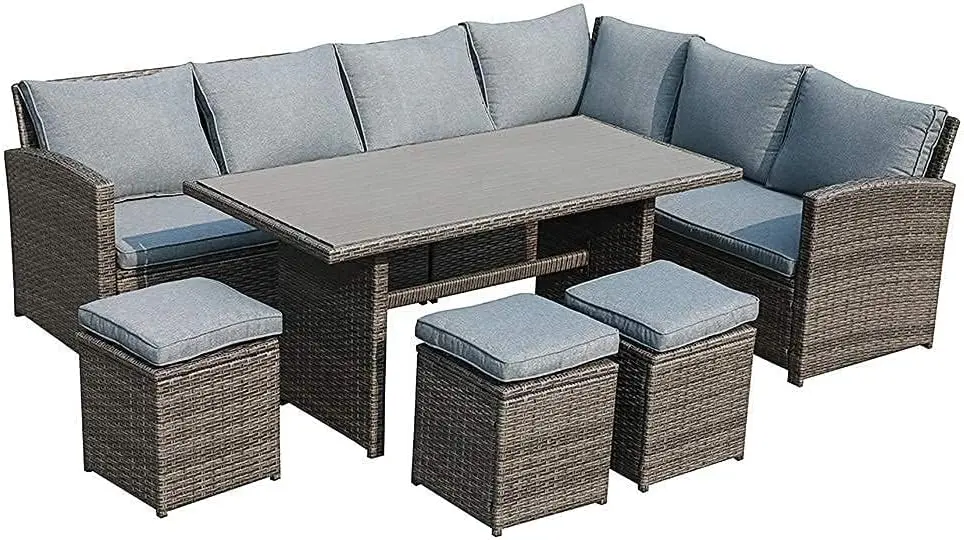 

7PCS Outdoor Dining Sofa Set,Sectional Couch Conversation Set,All Weather Patio Wicker Rattan Dining Table & Chair with Ottomans