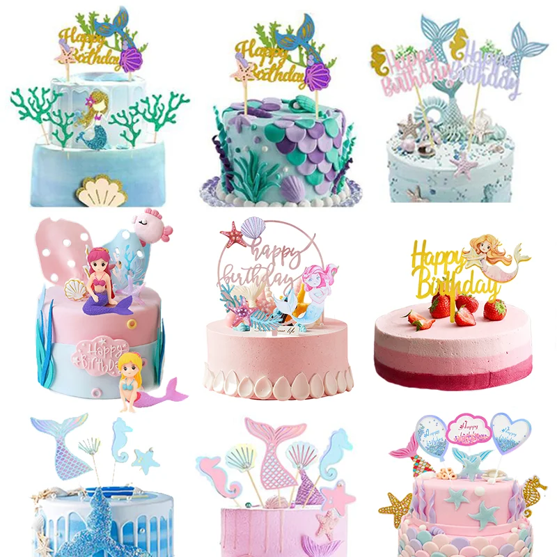 1pc Acrylic Happy Birthday Cake Insert Card Marine Mermaid Starfish Letter Cake Toppers Birthday Party Bake Decoration Supplies