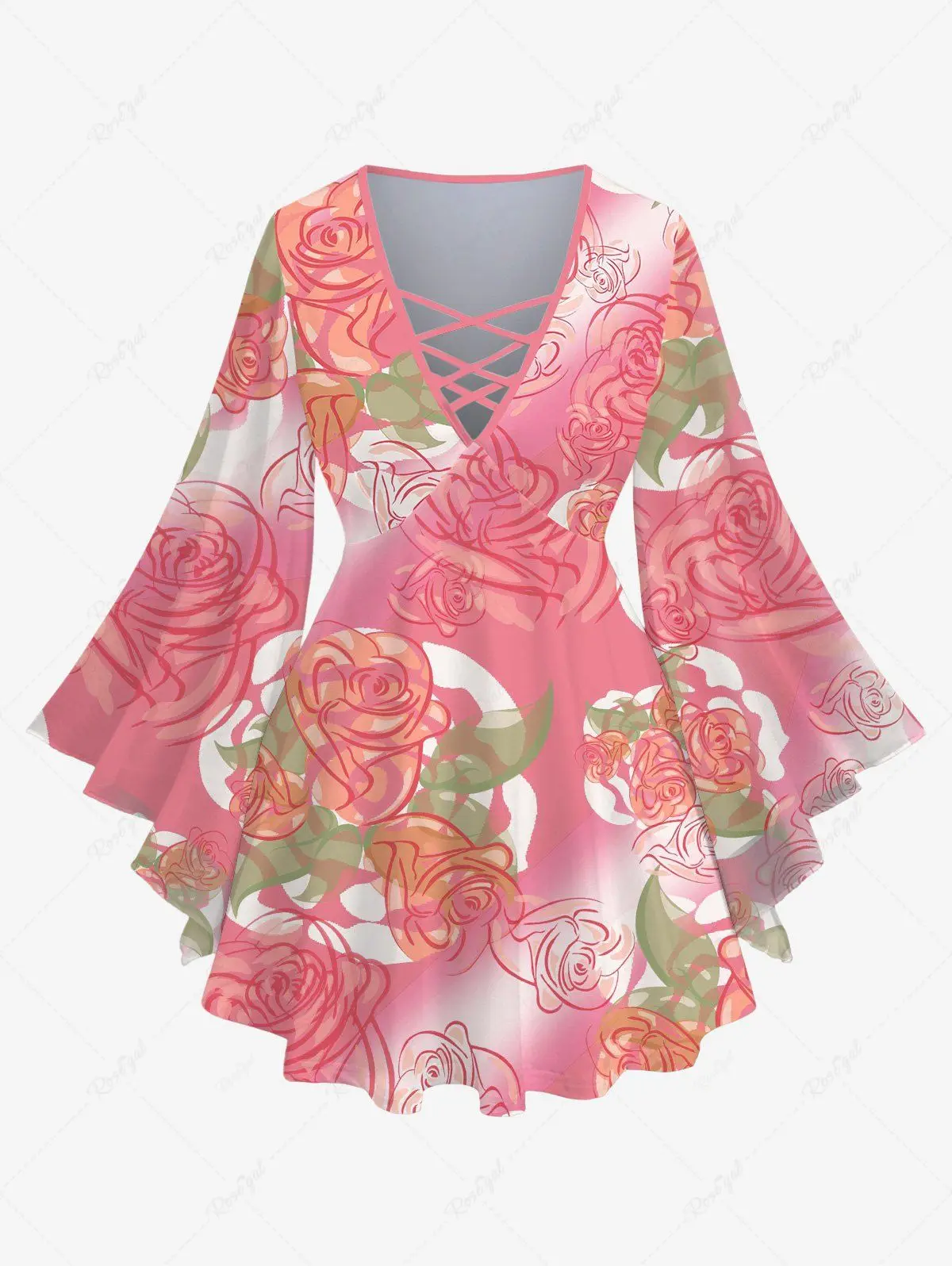 3D Rose Peach Blossom Flowers Leaf Print for Women Casual Valentine Matching Set Crisscross Flare Sleeve Top Or Flare Pants