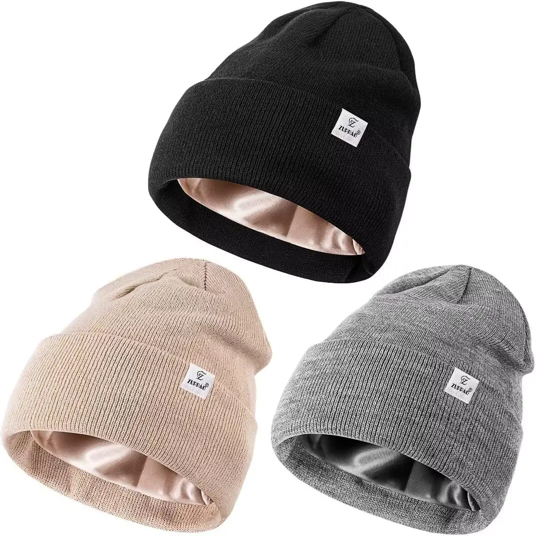 

3 Pack Satin Lined Winter Beanies for Women and Men, Soft Warm Knit Hats with Silk Lining
