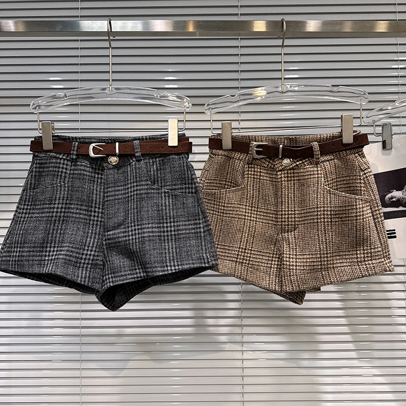 2025 outono inverno novo retro xadrez cor bloqueando casual com cinto moda versátil shorts botas calças para mulher