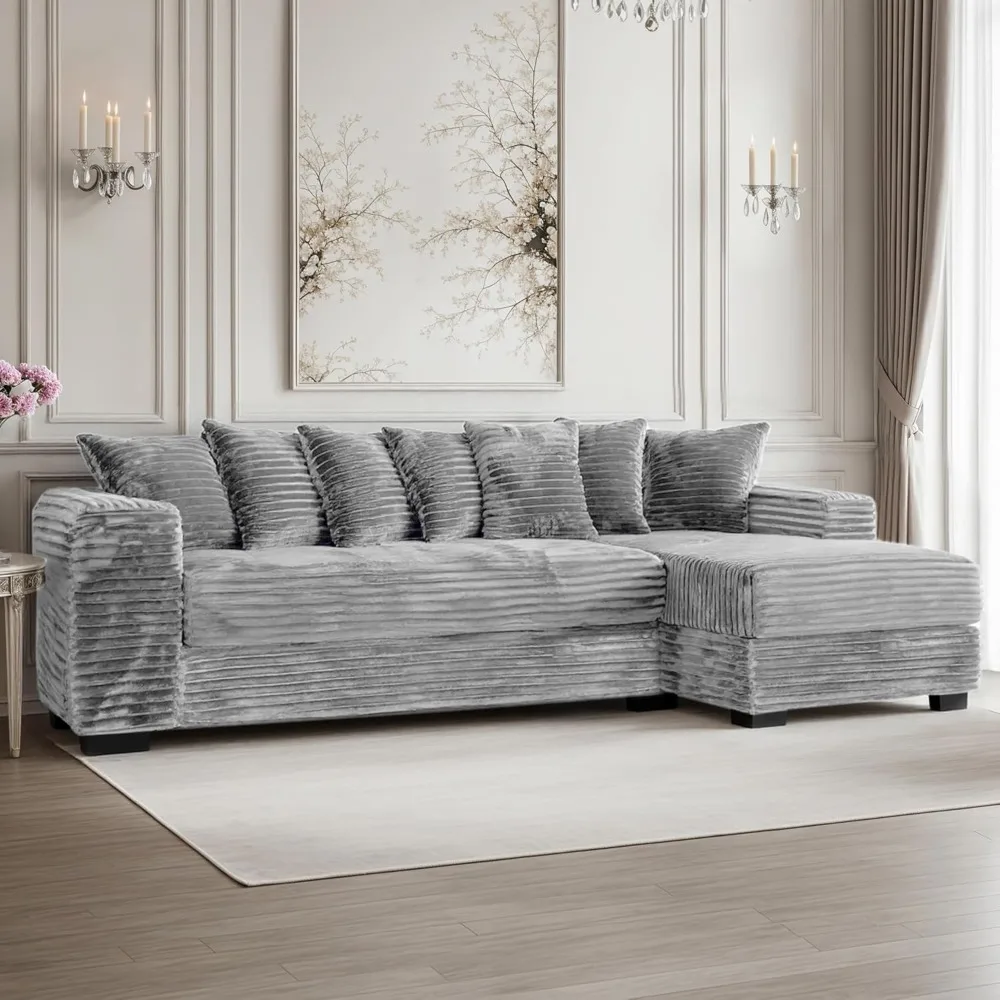 Luxe Oversized L Shaped Sofa with Chaise，Comfy Faux Fur Plush L Shaped Sectional Couches with 8 Pillows，Soft Fluffy Uph