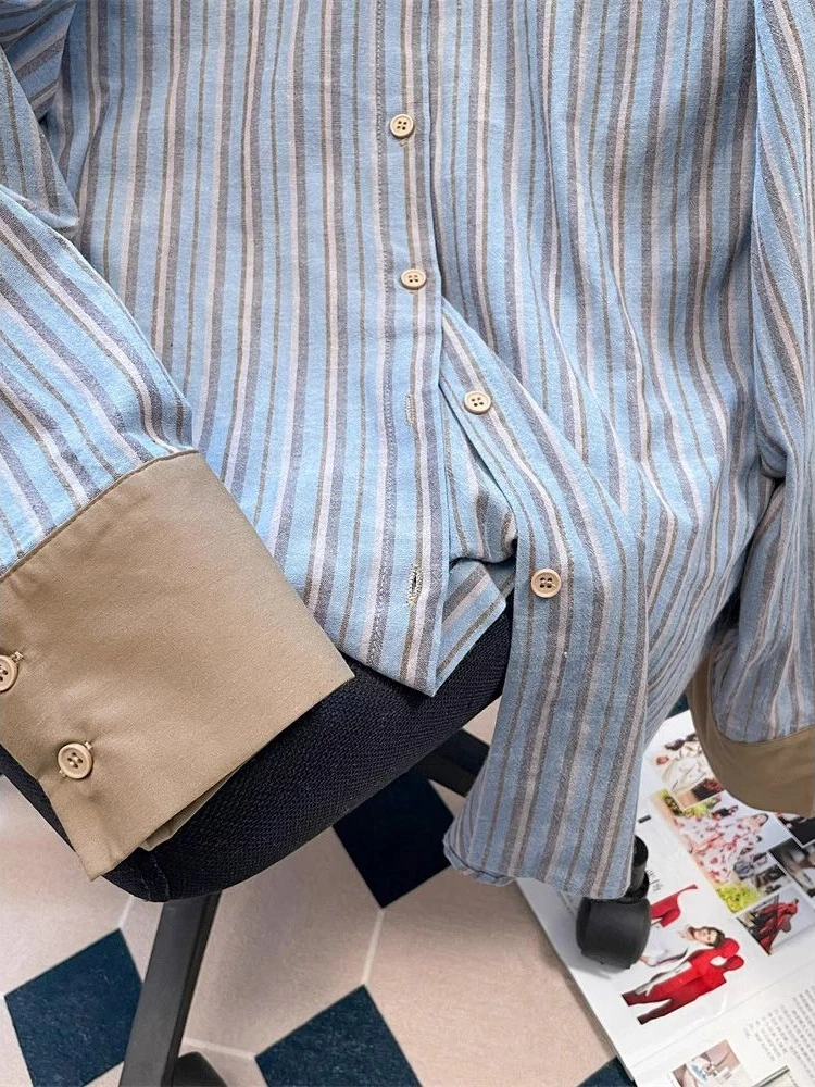 Preppy Style Shirts Turn Down Collae Long Sleeve Patchwork Striped Fashion Vintage Blouses All Match Casual Loose Women Clothing