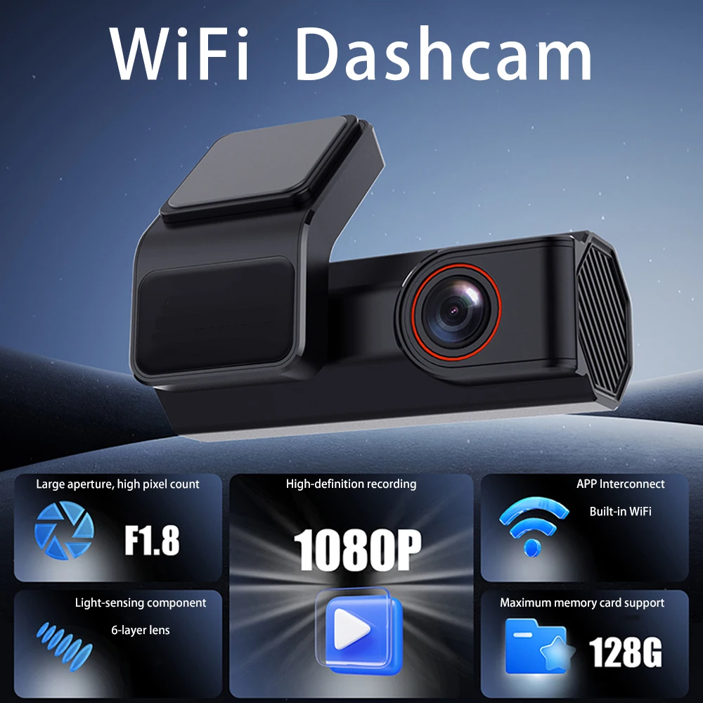 1080P WiFi Dash Cam, 360° Rotatable, CMOS Sensor, Loop Recording, Adhesive Easy Install, Starlight Night Vision DVR, APP Connect