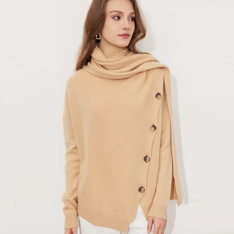 High-end 100% Cashmere Women's Knitted Sweater Autumn And Winter Pile-up Collar Scarf And One-Piece Bottoming Lady Top