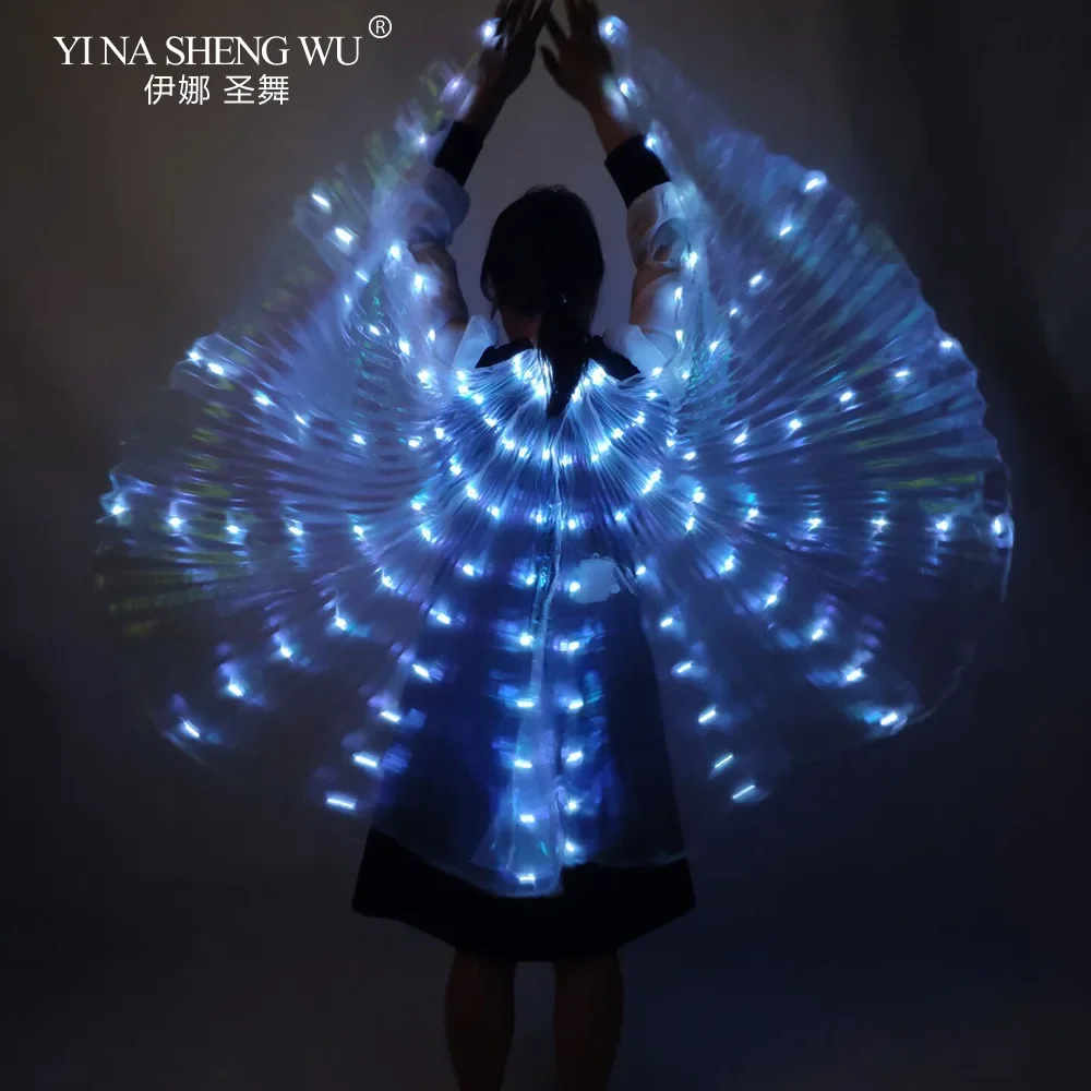 Capa LED luminosa para danza de adultos, tela transparente blanca, accesorios fluorescentes para danza del vientre enganchados a mano, alas para actuación, nuevo