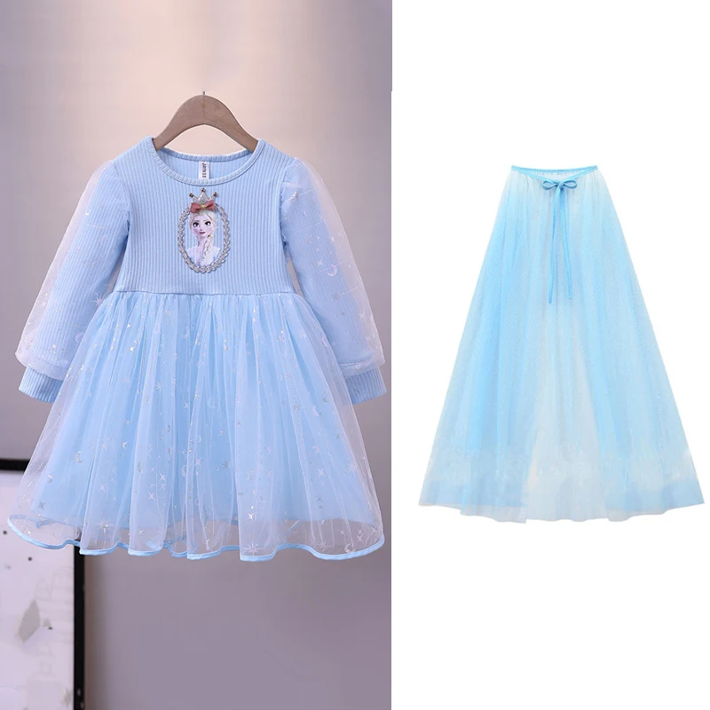 Disney Elsa Princess Dress And Cloak Girl Dress Spring Autumn Party Long-sleeved For Children's Frozen Dress Kids Clothes 2-8Y