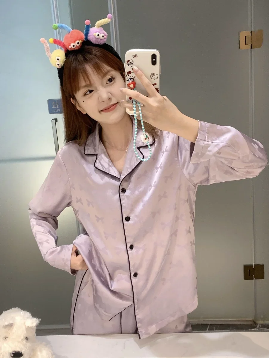 Purple Ice Silk Long Sleeve Pajama Sets Women Bow Print Turn Down Collar Single Breasted Loungewear 2024 Spring Autumn