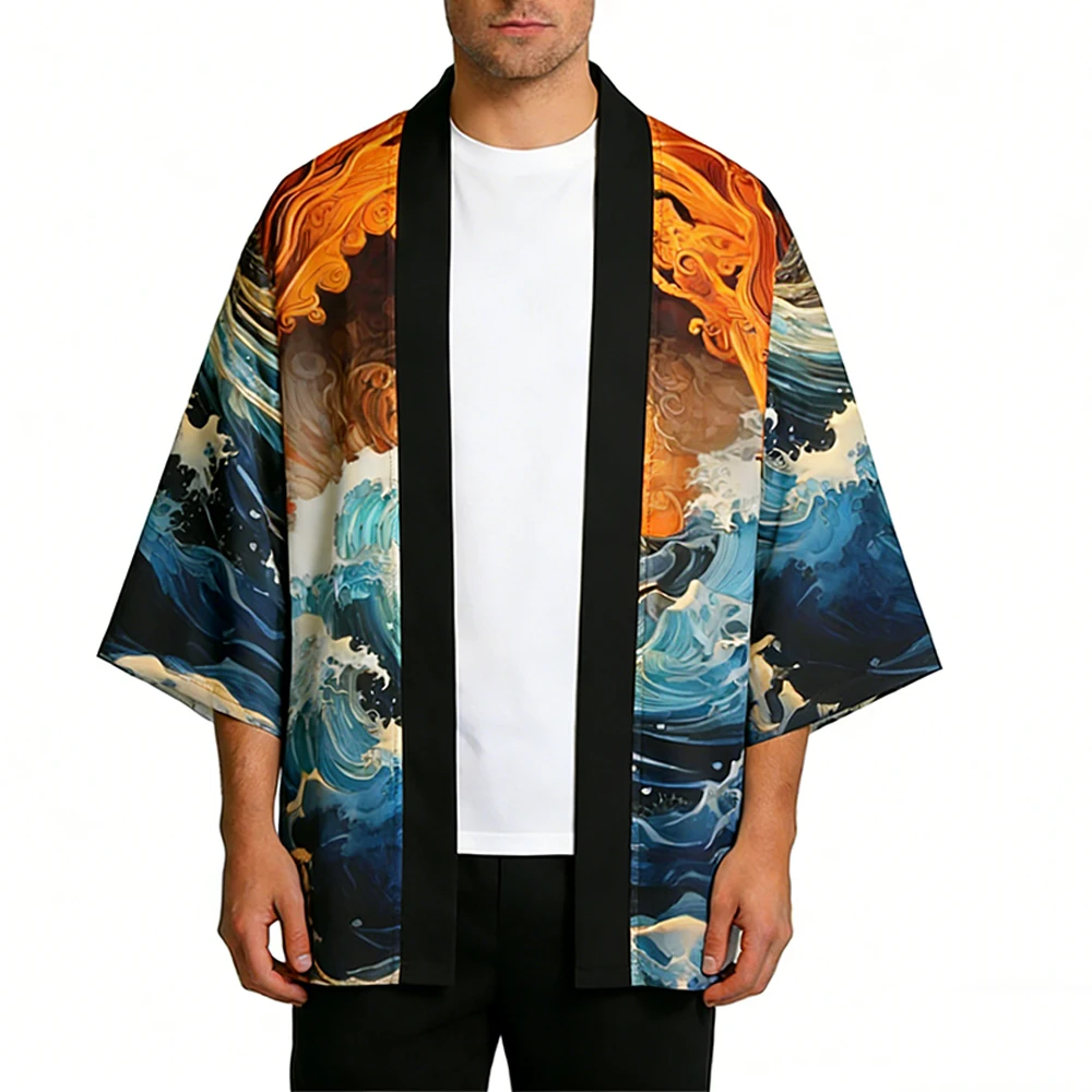 2024 Summer Beach Japan Wave Kimono Anime 3/4 Sleeve Shirt Haoli Fashion Loose Women's Yukata Men's Samurai Robe