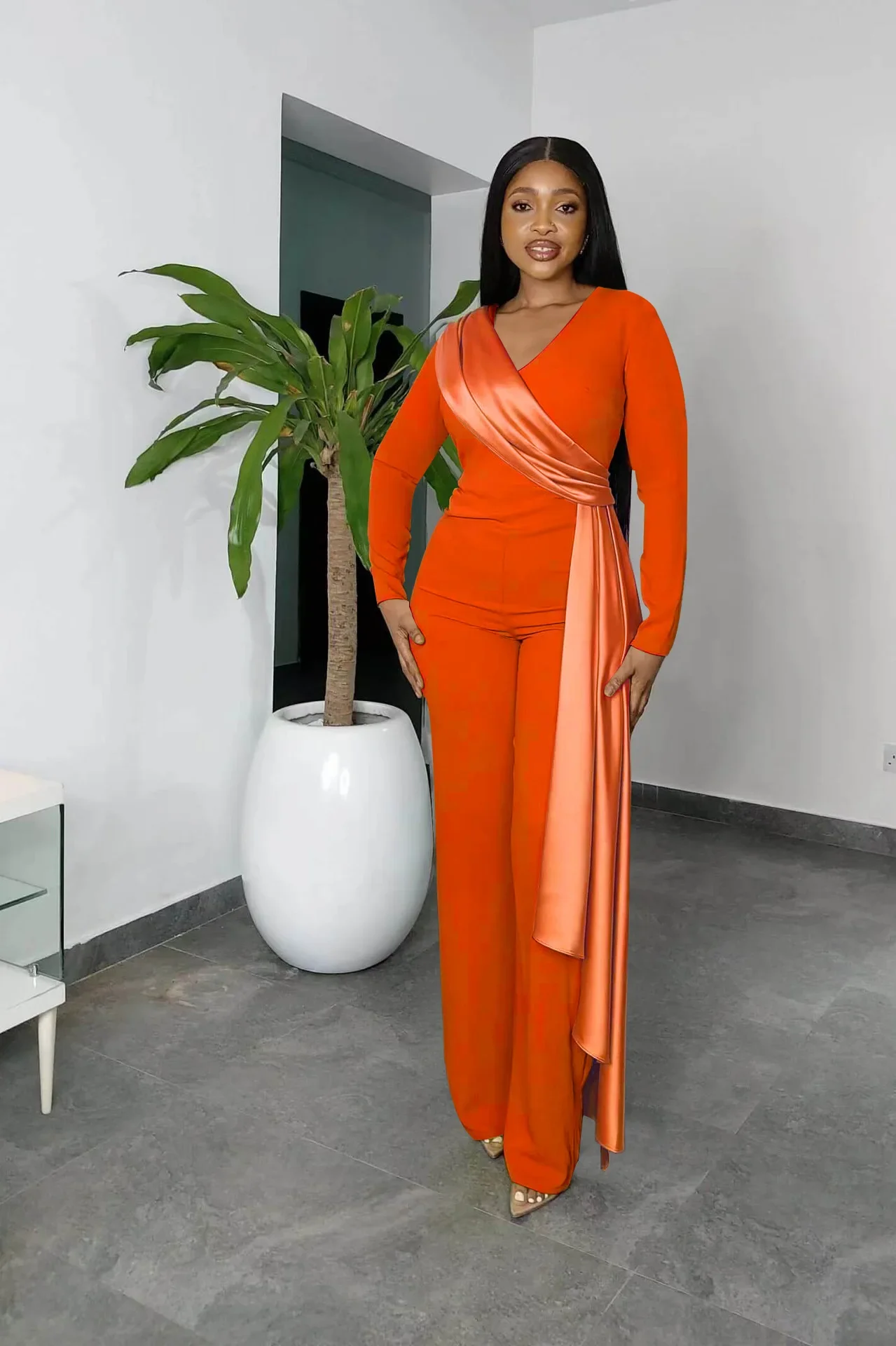 Spring Summer Fashion Satin Binding Wide Leg Jumpsuit African Women OL Casual V-neck Long Sleeve Straight Jumpsuit Women