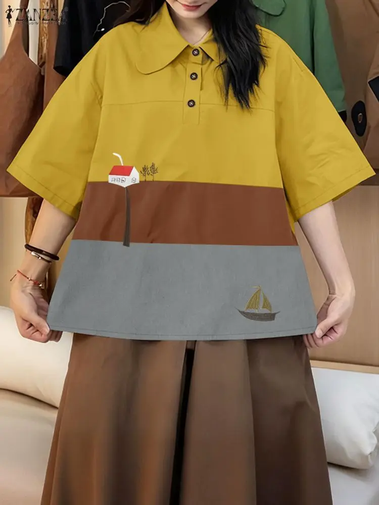 ZANZEA Damskie koszulki polo z kontrastowymi kolorami, luźne bluzki z krótkim rękawem i haftowanym kołnierzykiem, na lato 2025, damskie topy