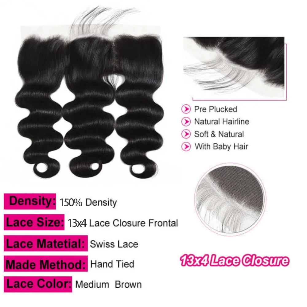 Bundels Menselijk Haar Natuurlijke Zwarte Body Wave Brazilian Real Human Hair Bundels Met Sluiting Frontale 13X4 Kant Kleur # 1b Voor Vrouw