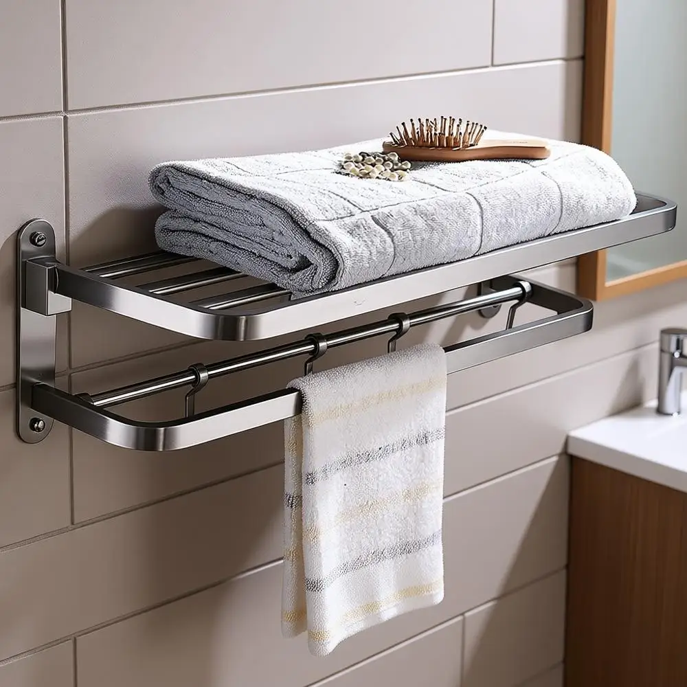 

Wall-Mounted Stainless Steel Double Towel Bar with Hooks, Brushed Nickel Finish