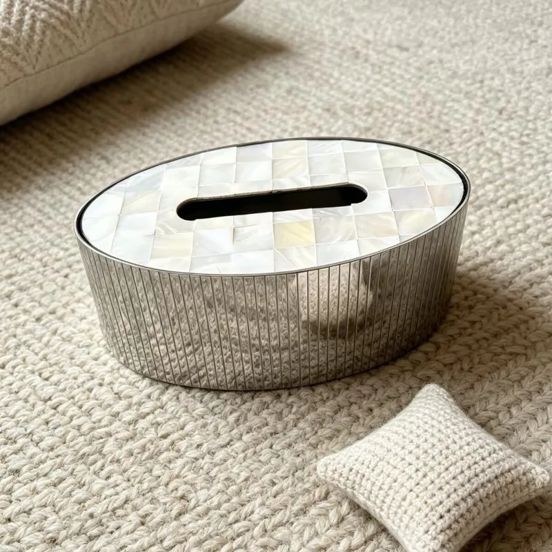 French Natural Shell Tissue Box Stainless Steel Striped Napkin Holder Luxury Elegant Decor for Living Room Coffee Table Gift