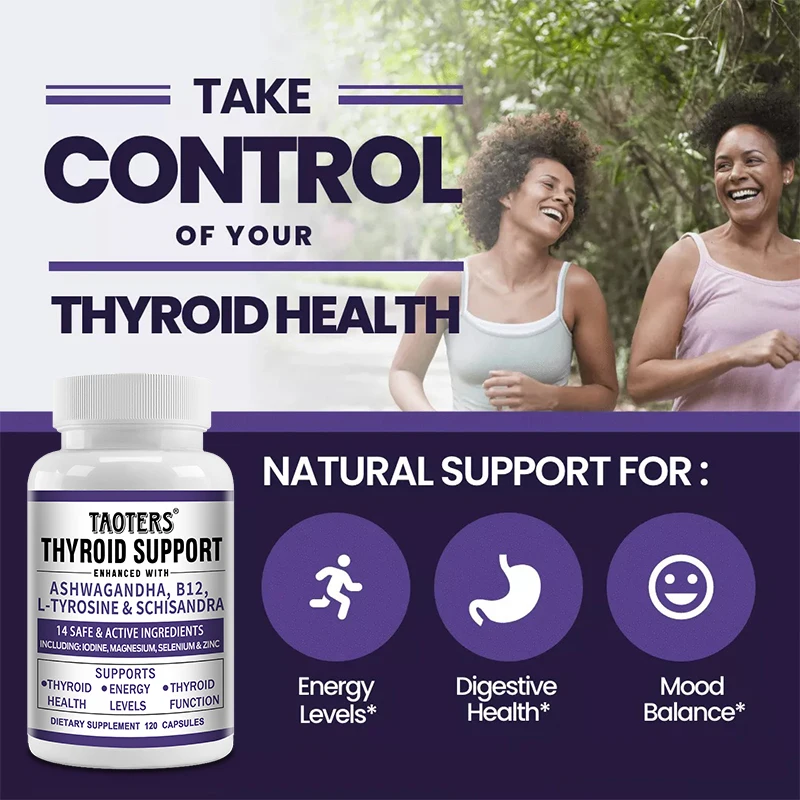 Taoters Thyroid Support Supplement - Metabolism, Mood Health, Energy and Focus Support Formula - with Vitamin B12, 120 Capsules