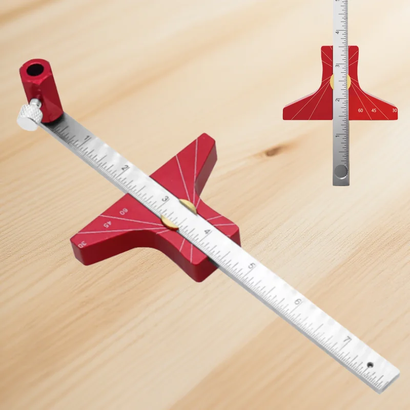 Aluminiowy wysokościomierz do drewna, liniowy trasownik, narzędzie do rysowania równoległych linii, wielofunkcyjny marker do majsterkowania w drewnie.