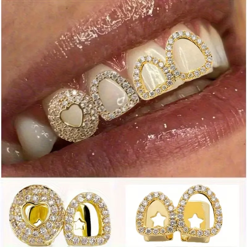قطعتان من شوايات الأسنان المجوفة المزدوجة على شكل قلب على شكل هيب هوب - ملحقات طب الأسنان ذات اللون الذهبي المتلألئ مع لمسة نهائية نحاسية واقعية