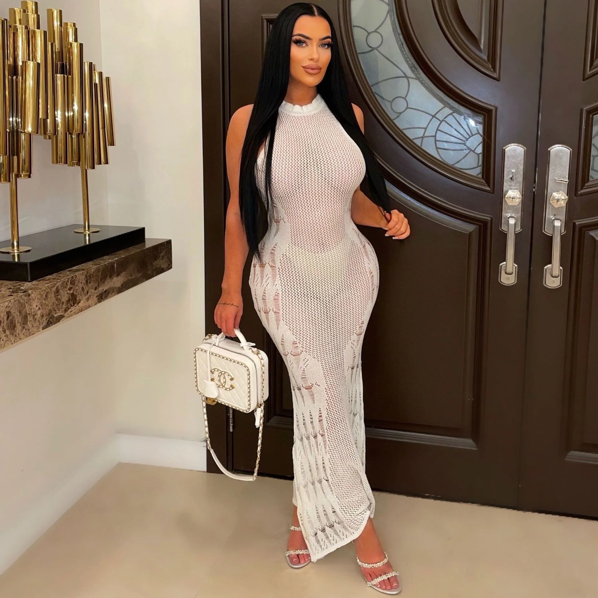 

Women Summer Beach Long Dress Knitted Hollow Out Sexy Dress Chic Female Floral Vestidos Perspective Party Club Party Beach Robe