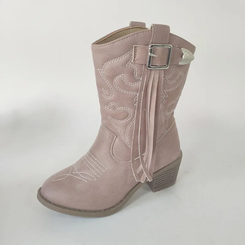 Girls Pink Belt Buckle Tassel Boots Fashion Children Embroidery Chunky Heel Round Toe Boots Kids Knight Western Mid Calf Boots