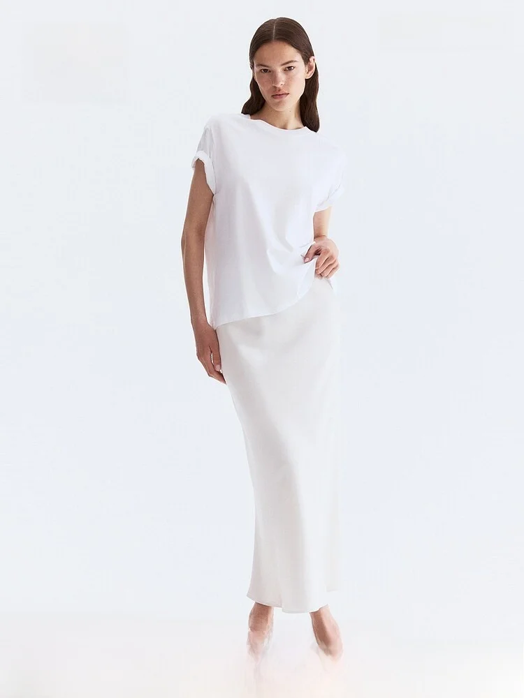 

Женская атласная драпированная юбка H&M, легкая длинная юбка для офиса, новая весенняя модель, А-силуэт, миди, однотонная, деловая повседневная