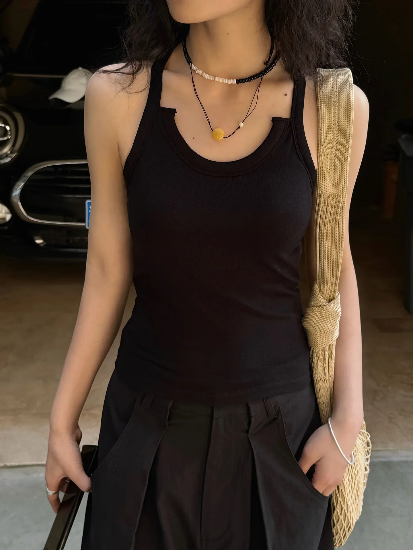 قميص نسائي بدون أكمام، تي شيرت بلون سادة، تصميم جميل #4