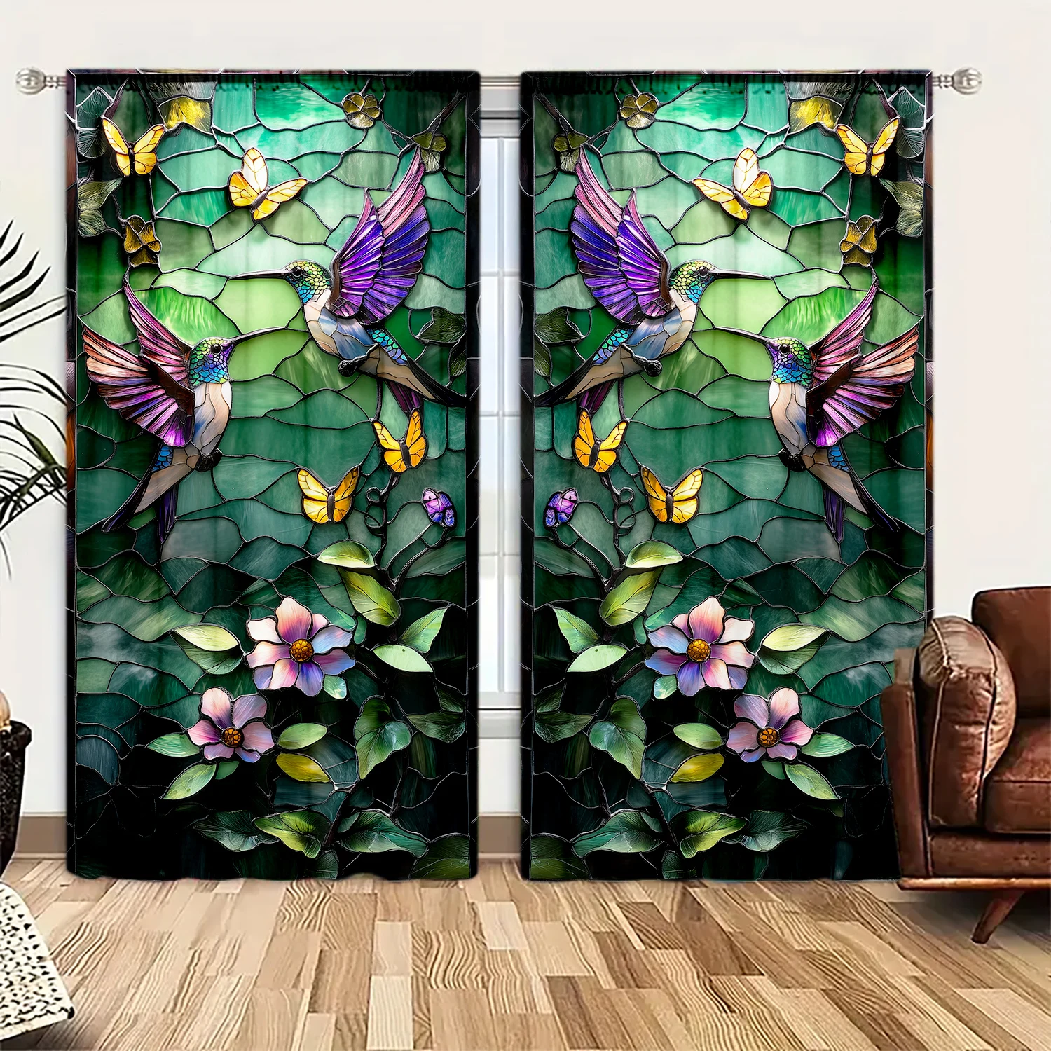 2pcs Colored Pigment Flower Painting Printed Curtain for Home Decor - Rod Pocket Window Treatment for Bedroom, Office, Kitchen