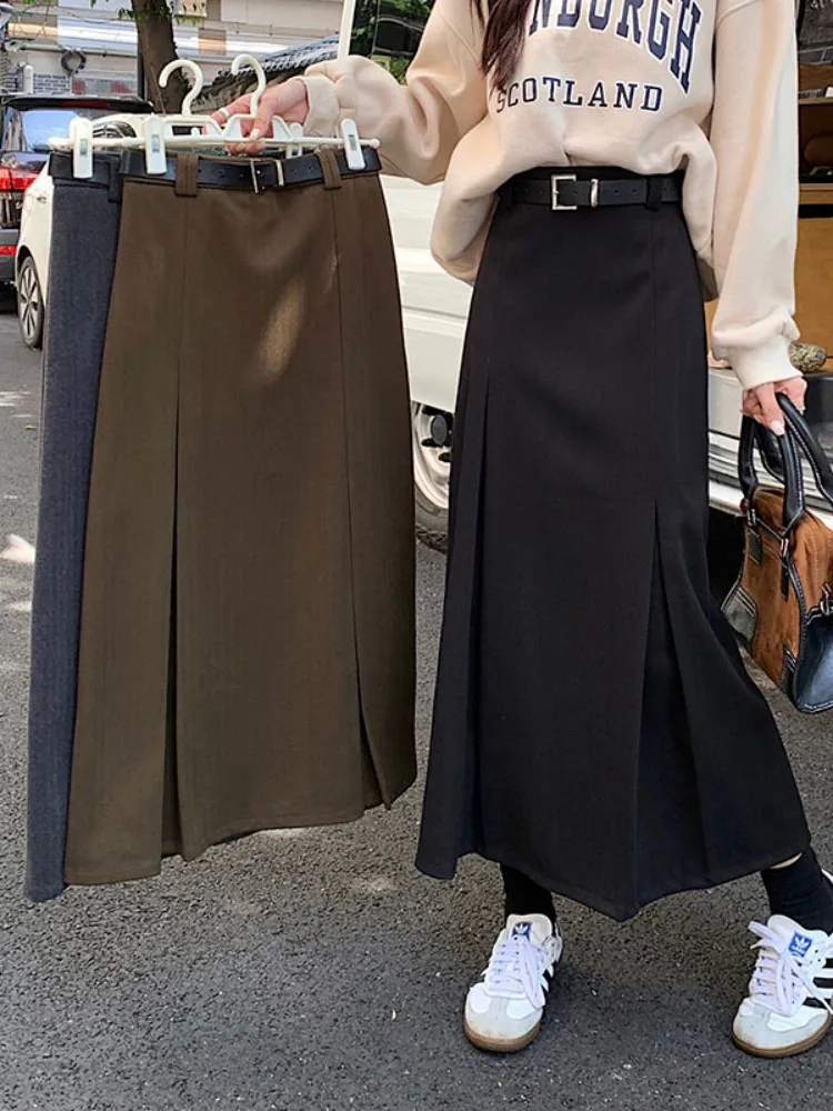 S-XL 3Colors Autumn and Winter 2022 Pencil Long Wool Skirt Womens high waist A Line Woolen Skirts Saia Feminina+Belt (75072)