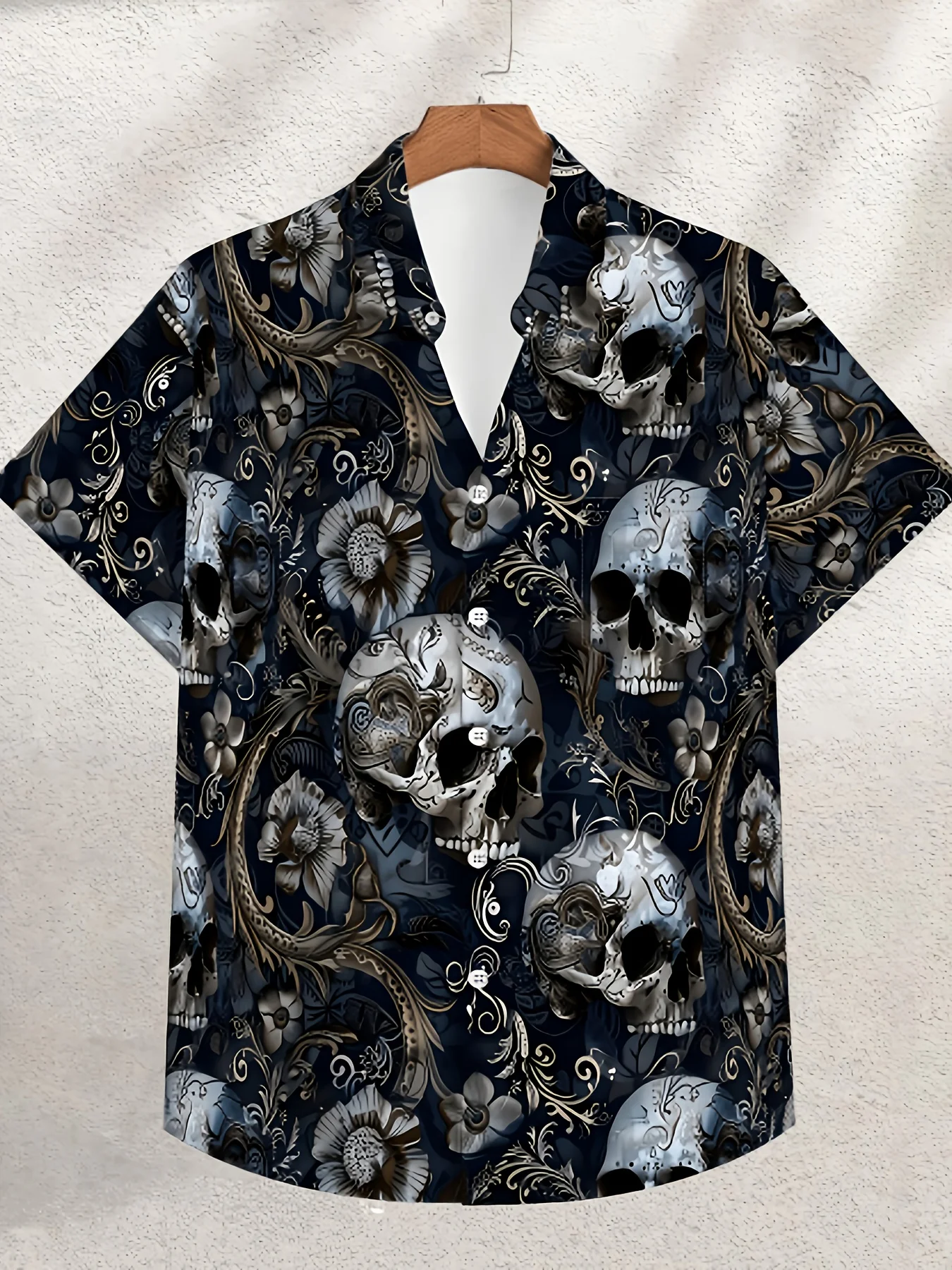 Men Vintage Ornate Skull Floral Baroque All‑Over Print Short Sleeve Shirt Lapel Collar Button‑Up Polyester Gothic Blouse