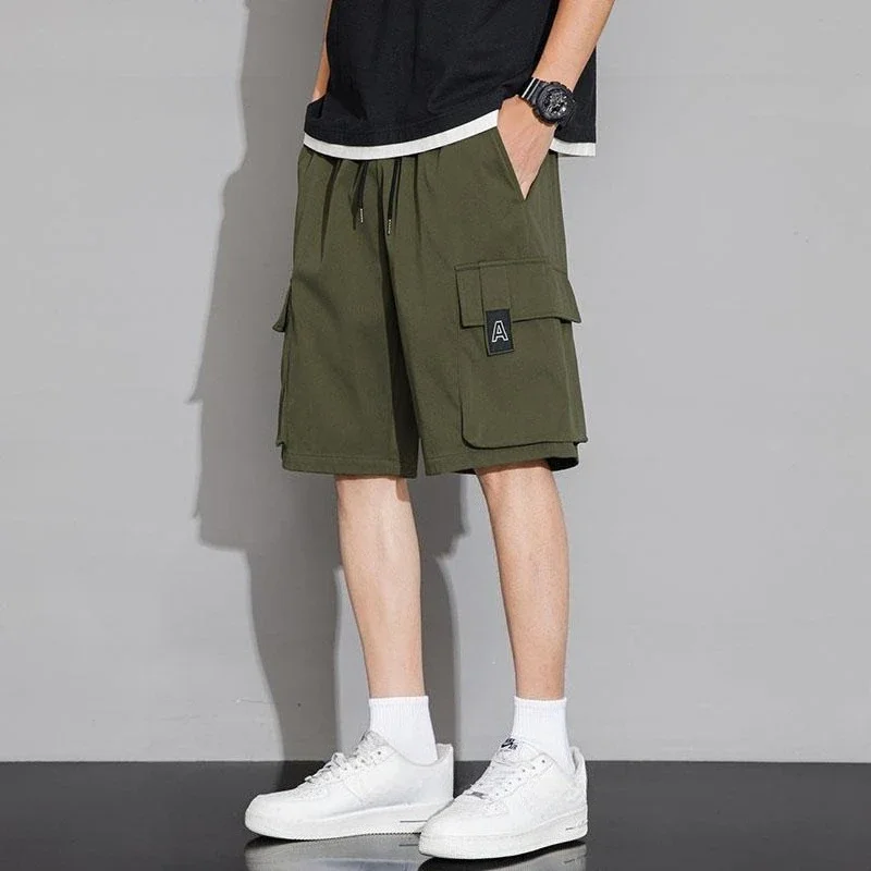 

Широкие мужские шорты-карго с карманами, свободные мешковатые шорты выше колена с эластичной резинкой на талии, однотонные мужские короткие брюки, винтажная уличная одежда