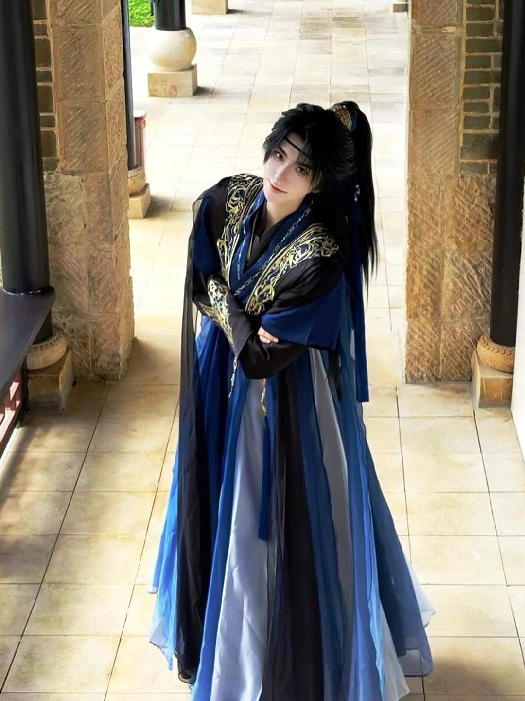 Elegant Black Blue Youth Chinese Martial Arts Style Heavy Work Hanfu Cosplay Costume Film Costume Women's Suit Ancient Costume