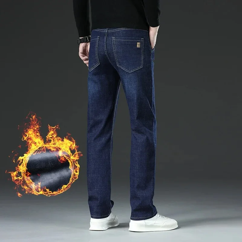 2026 Men High Quality Wear-resistant Fleece Jeans Male Fashion Straight Leg Business Denim Pants Daily Casual Versatile Trousers
