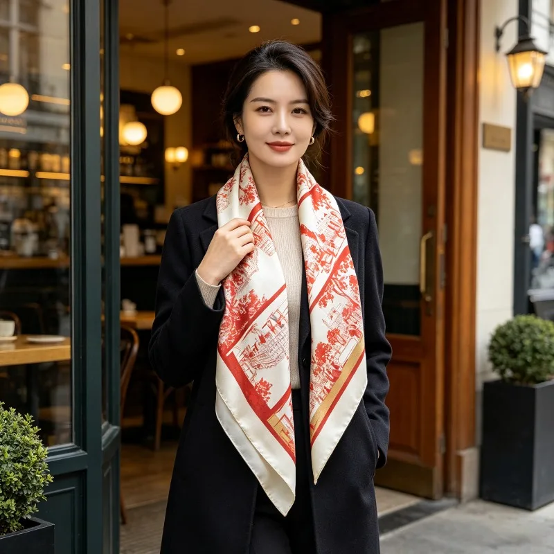 Luxury 100% Pure Mulberry Silk Square Scarf 90X90cm Classic French Townscape Hand Drawn Print Neck Wrap Shoulder Shawl Bag Decor