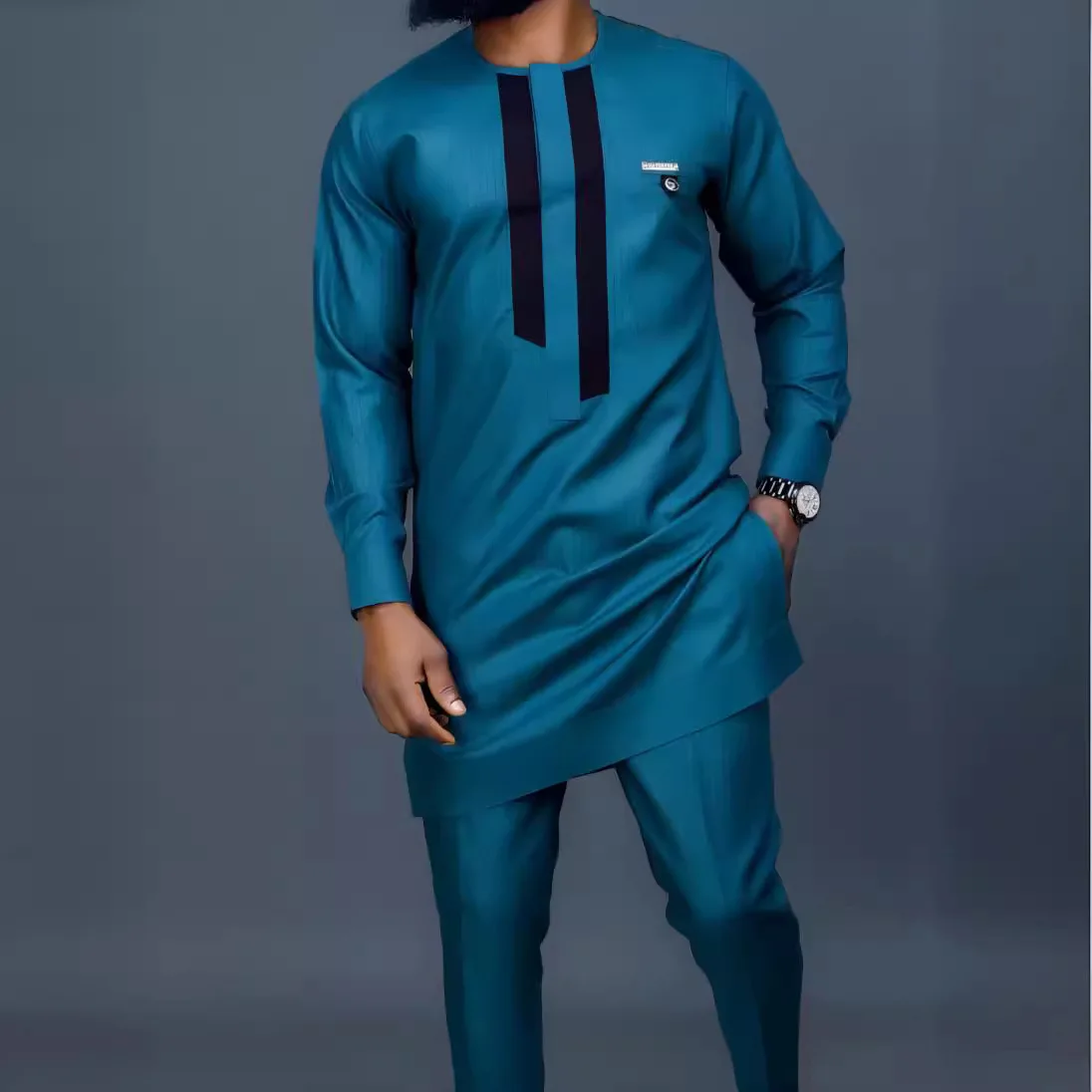 

2023 New National Style Solid Color Men's Round-neck Suit Two-piece Set
