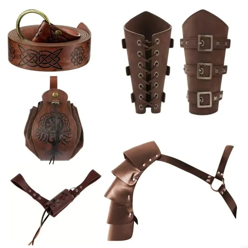 652F Medieval Costume Accessories Leather Belt Shoulder Guard Drawstring Waist Pack Bracers Swords Holder for Men Cosplay